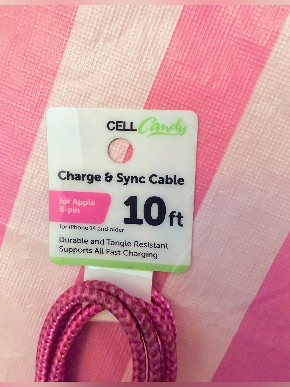 10 ft Pink Braided Charge & Sync Cable for Apple 8-Pin